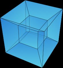 Depiction of the shadow of a four-dimensional cube cast on a two dimensional surface.  This is similar 
                    to a shadow cast from a three-dimensional object on a two-dimensional surface, except that it keeps folding in on itself.